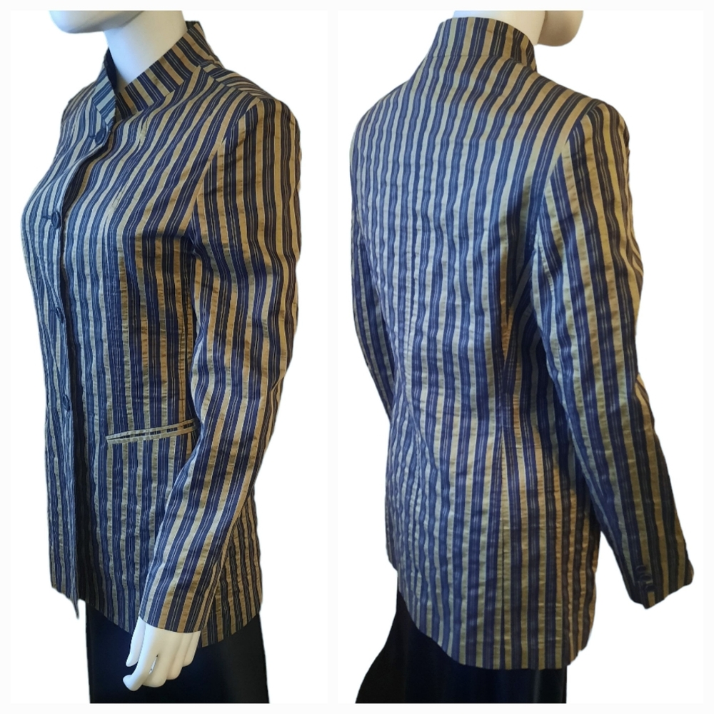 Vtg VOTRE NOM Linen Blend Striped Mandarin Collar Blazer Sz S Navy/Olive